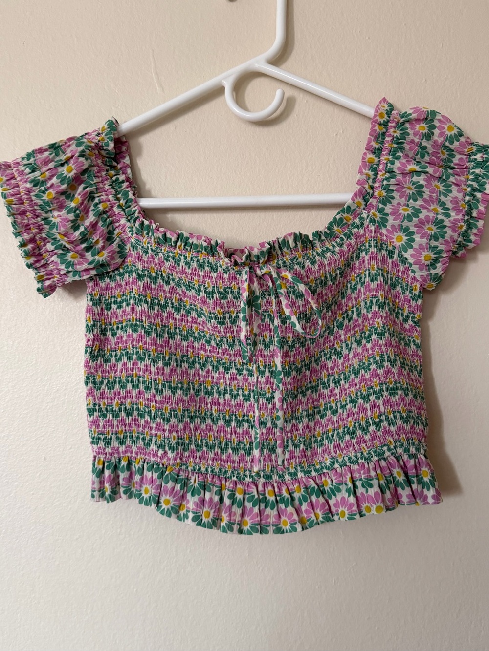 Zara Pink & Green Floral Smocked Off-Shoulder Crop Top